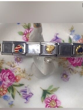 Stainless Steel Italian Link Charm Bracelet with Gold & Enamel Accents